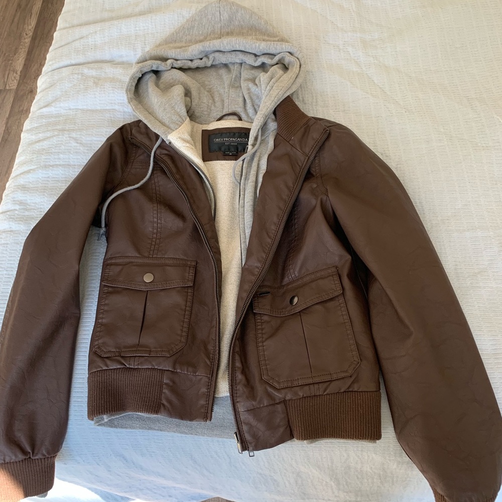 Obey women’s faux leather hooded bomber jacket MED